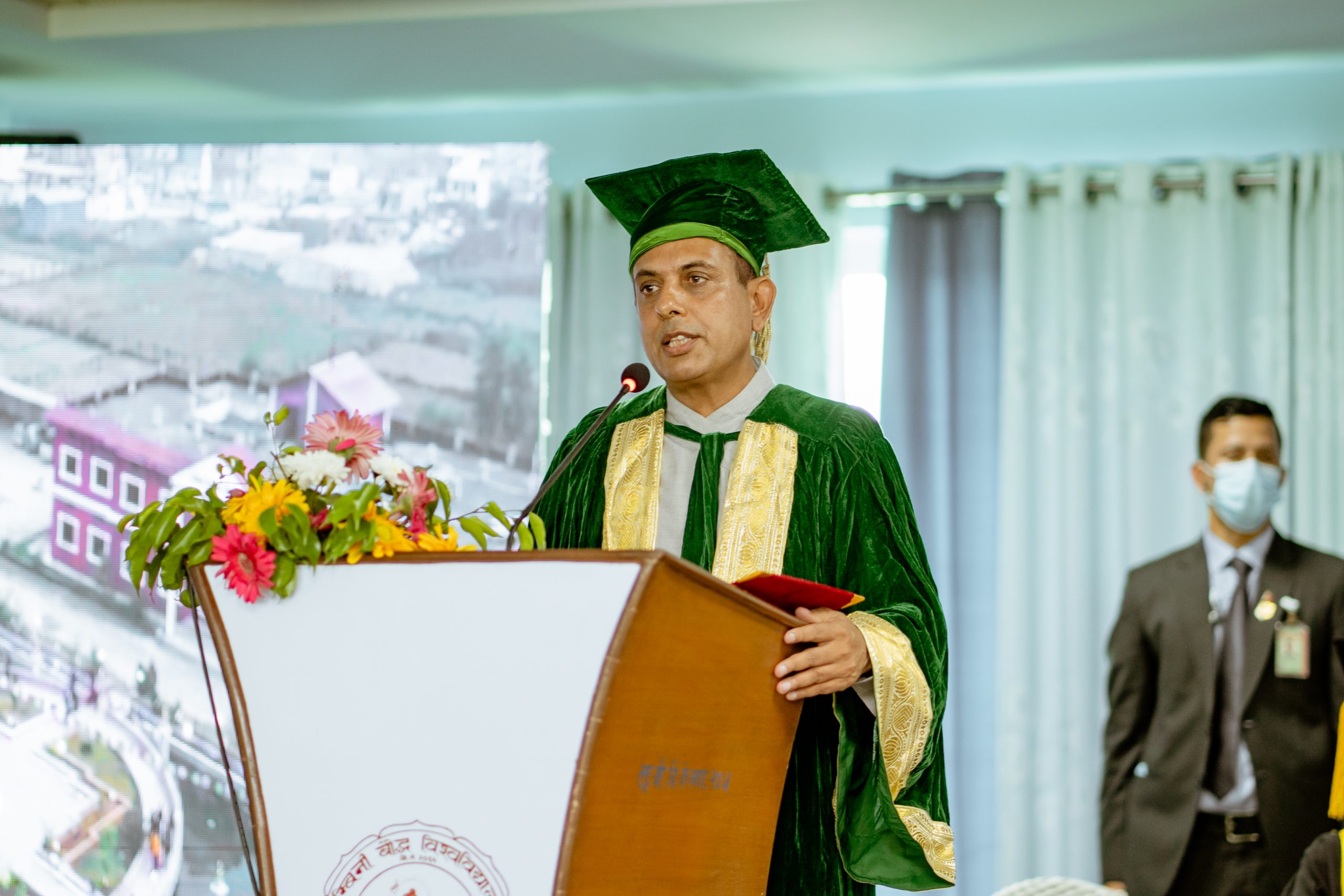 Convocation stage with dignitaries and Chancellor at Lumbini Buddhist University Nepal