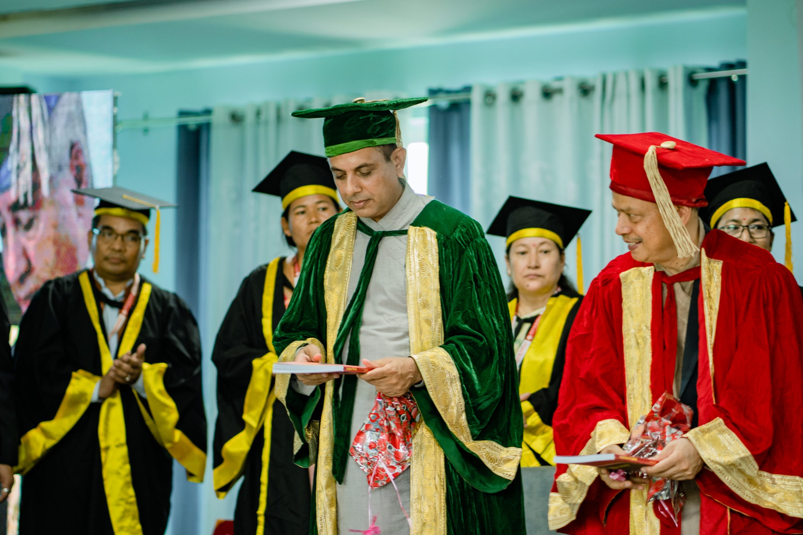 Faculty in convocation regalia at Lumbini Buddhist University graduation ceremony Nepal