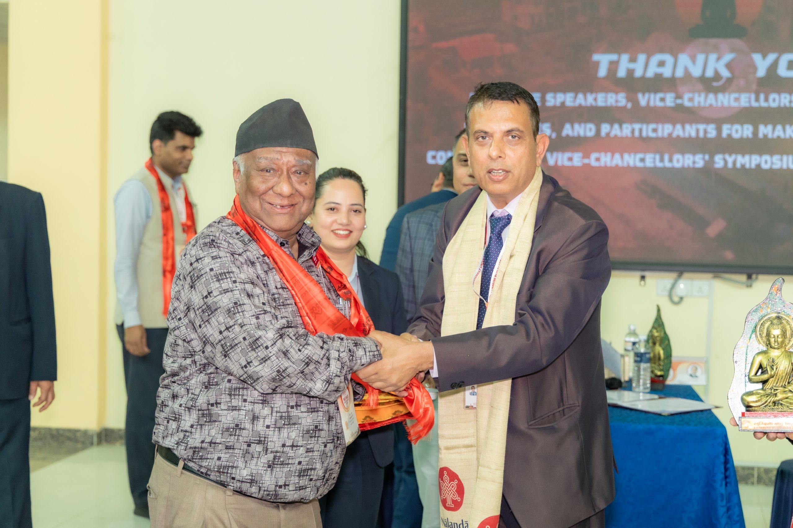 Conference felicitation ceremony at Lumbini Buddhist University Nepal academic event