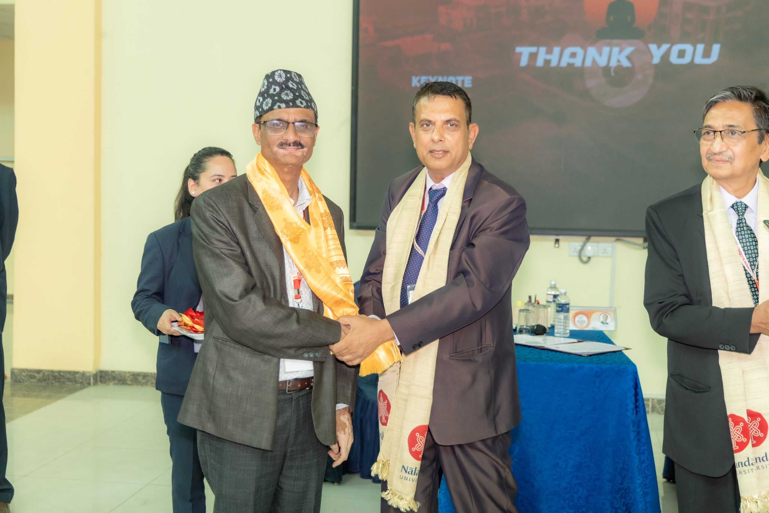 International delegates at academic conference session Lumbini Buddhist University Nepal