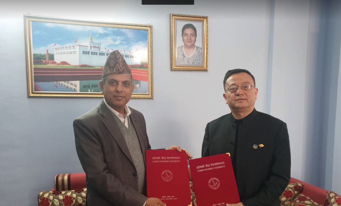MOU exchange ceremony Lumbini Buddhist University institutional collaboration Nepal