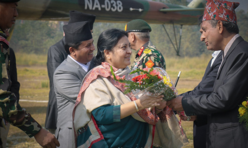 Receiving President Hon. Bidhya Devi Bhandari at Lumbini Development Trust Helipad